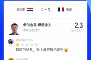 2.3分！吧友评价法国对阵巴拉圭比赛主裁：最脏球队遭遇最瞎裁判